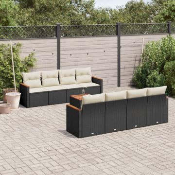 Set mobilier de grădină cu perne, 9 piese, negru, poliratan