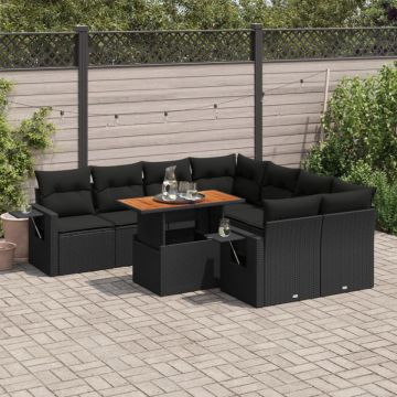 Set mobilier de grădină cu perne, 9 piese, negru, poliratan