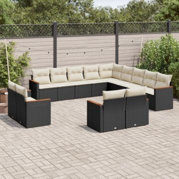 Set mobilier de grădină cu perne, 13 piese, negru, poliratan