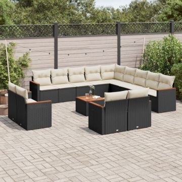 Set mobilier de grădină cu perne, 14 piese, negru, poliratan