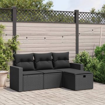 Set mobilier de grădină cu perne, 4 piese, negru, poliratan