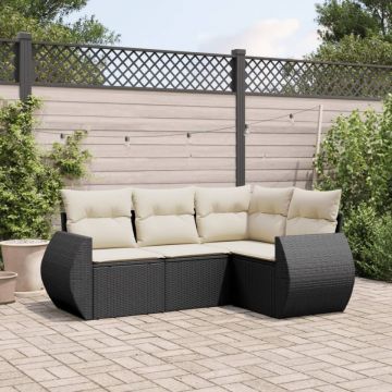 Set mobilier de grădină cu perne, 4 piese, negru, poliratan