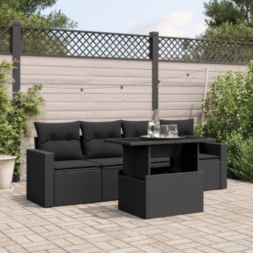 Set mobilier de grădină cu perne, 5 piese, negru, poliratan