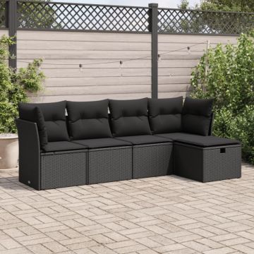 Set mobilier de grădină cu perne, 5 piese, negru, poliratan