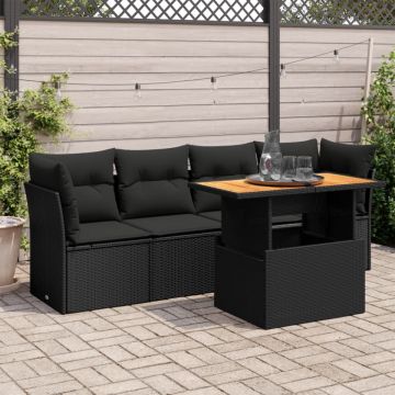 Set mobilier de grădină cu perne, 5 piese, negru, poliratan