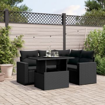 Set mobilier de grădină cu perne, 5 piese, negru, poliratan