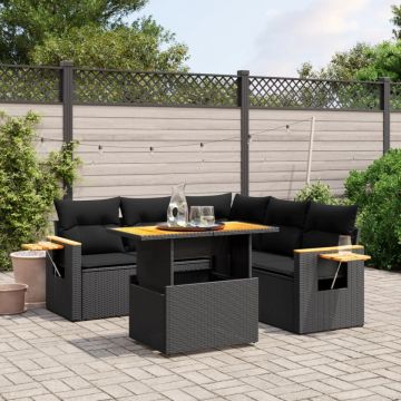 Set mobilier de grădină cu perne, 6 piese, negru, poliratan