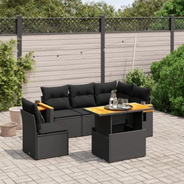 Set mobilier de grădină cu perne, 6 piese, negru, poliratan