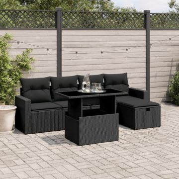 Set mobilier de grădină cu perne, 6 piese, negru, poliratan