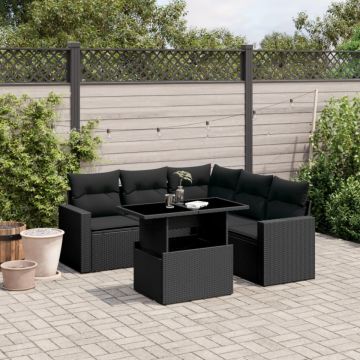 Set mobilier de grădină cu perne, 6 piese, negru, poliratan