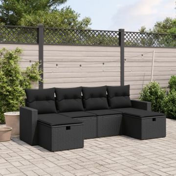 Set mobilier de grădină cu perne, 6 piese, negru, poliratan