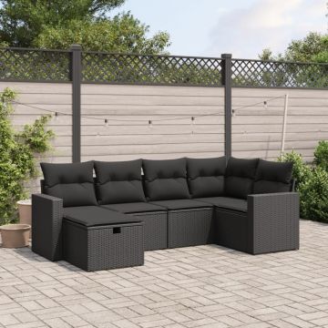 Set mobilier de grădină cu perne, 6 piese, negru, poliratan