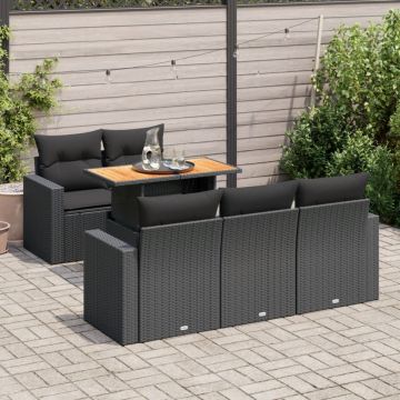 Set mobilier de grădină cu perne, 6 piese, negru, poliratan