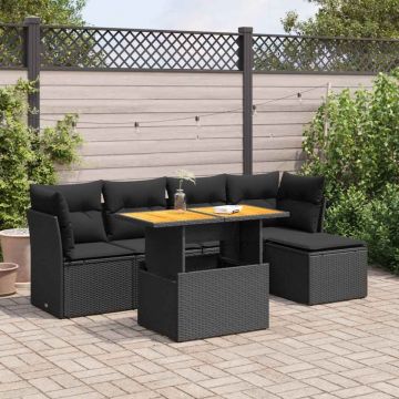 Set mobilier de grădină cu perne, 6 piese, negru, poliratan