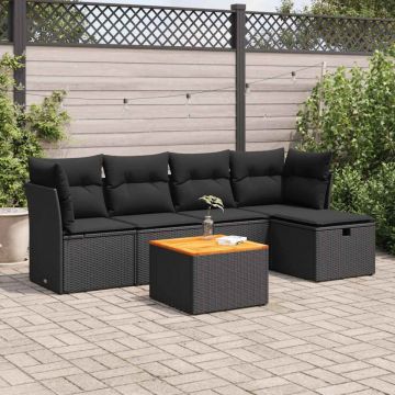 Set mobilier de grădină cu perne, 6 piese, negru, poliratan