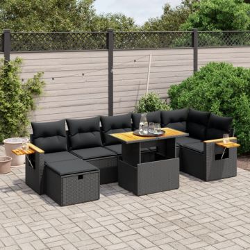 Set mobilier de grădină cu perne, 8 piese, negru, poliratan