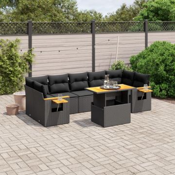 Set mobilier de grădină cu perne, 8 piese, negru, poliratan