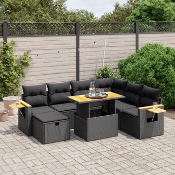 Set mobilier de grădină cu perne, 8 piese, negru, poliratan