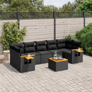 Set mobilier de grădină cu perne, 8 piese, negru, poliratan