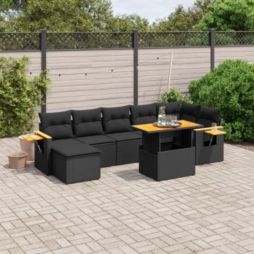 Set mobilier de grădină cu perne, 8 piese, negru, poliratan