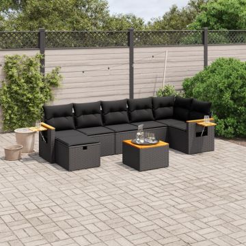 Set mobilier de grădină cu perne, 8 piese, negru, poliratan