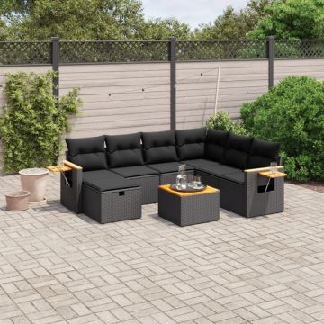 Set mobilier de grădină cu perne, 8 piese, negru, poliratan