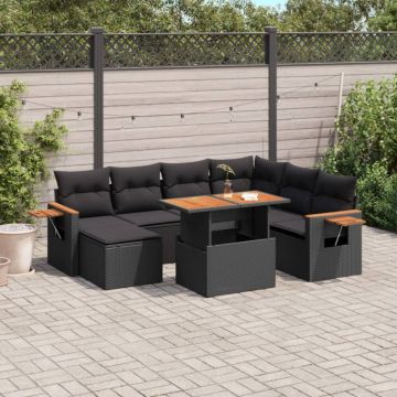 Set mobilier de grădină cu perne, 8 piese, negru, poliratan