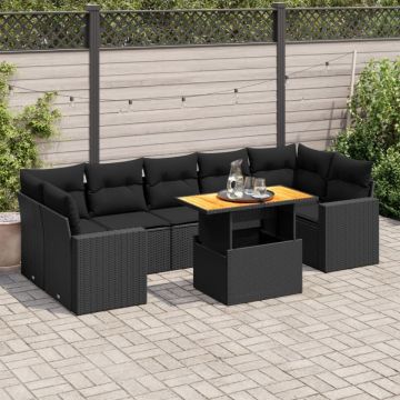 Set mobilier de grădină cu perne, 8 piese, negru, poliratan