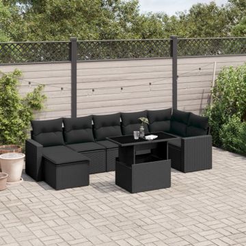 Set mobilier de grădină cu perne, 8 piese, negru, poliratan