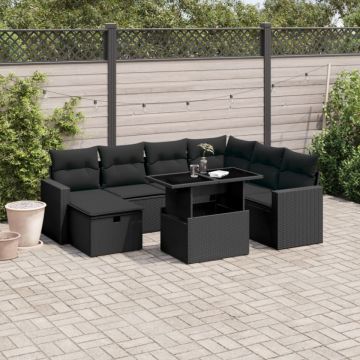 Set mobilier de grădină cu perne, 8 piese, negru, poliratan