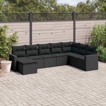 Set mobilier de grădină cu perne, 8 piese, negru, poliratan