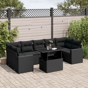 Set mobilier de grădină cu perne, 8 piese, negru, poliratan