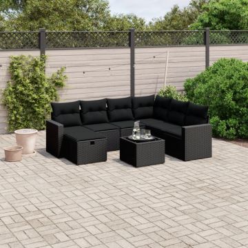 Set mobilier de grădină cu perne, 8 piese, negru, poliratan