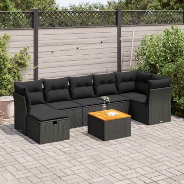 Set mobilier de grădină cu perne, 8 piese, negru, poliratan