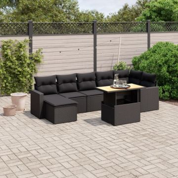 Set mobilier de grădină cu perne, 8 piese, negru, poliratan