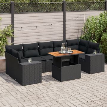 Set mobilier de grădină cu perne, 8 piese, negru, poliratan