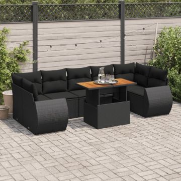 Set mobilier de grădină cu perne, 8 piese, negru, poliratan