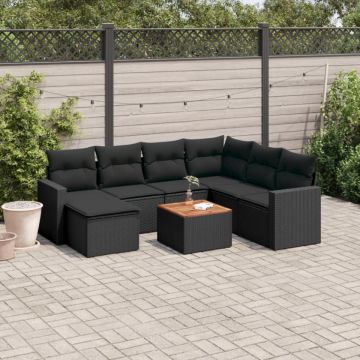 Set mobilier de grădină cu perne, 8 piese, negru, poliratan