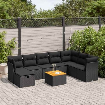 Set mobilier de grădină cu perne, 9 piese, negru, poliratan