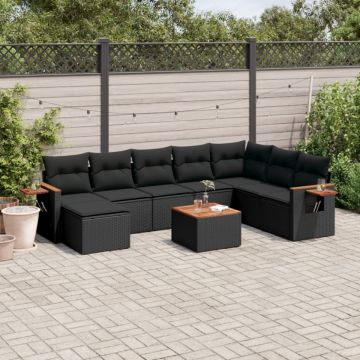 Set mobilier de grădină cu perne, 9 piese, negru, poliratan