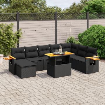 Set mobilier de grădină cu perne, 9 piese, negru, poliratan