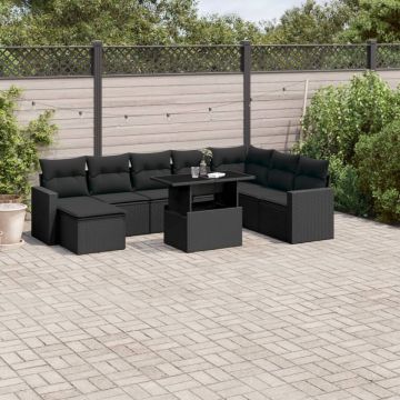 Set mobilier de grădină cu perne, 9 piese, negru, poliratan