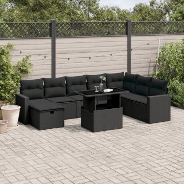 Set mobilier de grădină cu perne, 9 piese, negru, poliratan