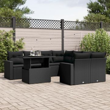 Set mobilier de grădină cu perne, 9 piese, negru, poliratan