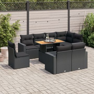 Set mobilier de grădină cu perne, 9 piese, negru, poliratan