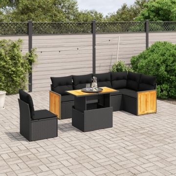 Set canapele de grădină cu perne, 7 piese, negru, poliratan