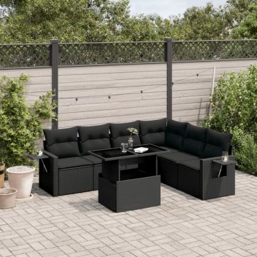 Set canapele de grădină cu perne, 7 piese, negru, poliratan