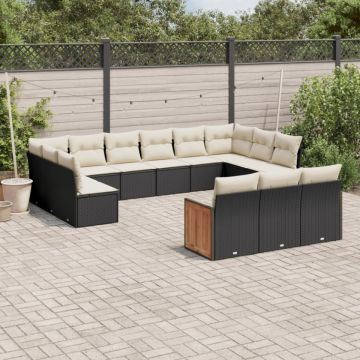 Set mobilier de grădină cu perne, 13 piese, negru, poliratan