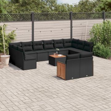 Set mobilier de grădină cu perne, 13 piese, negru, poliratan