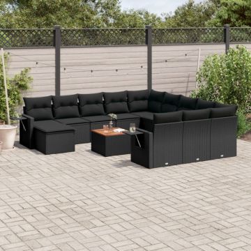 Set mobilier de grădină cu perne, 13 piese, negru, poliratan